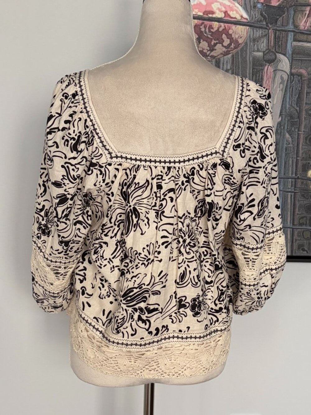 Christian Siriano Black/Cream Linen Top L - Picture 4 of 7